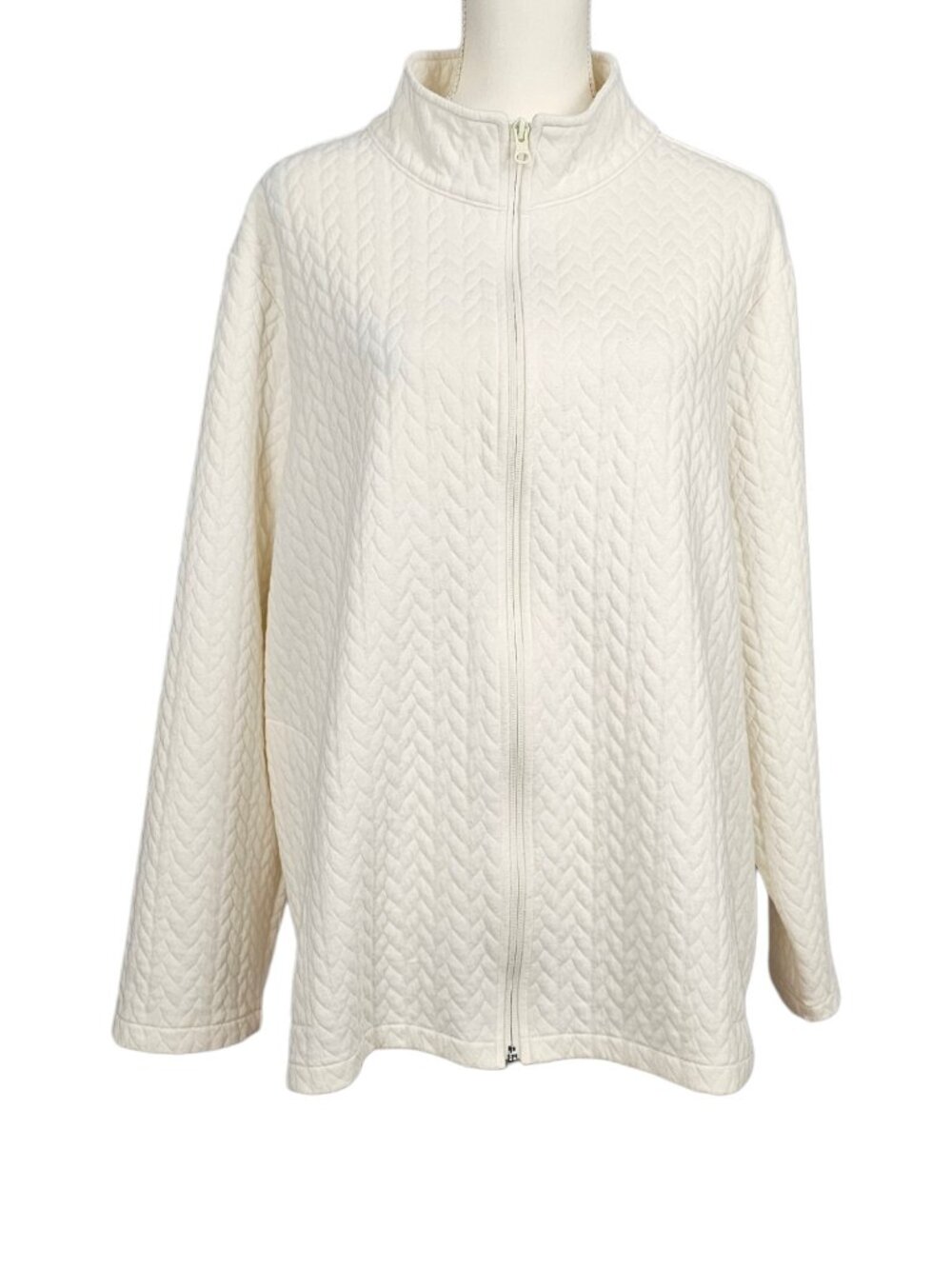 T By Talbots Quilted Textured Ivory Full Zip Up Mock Neck Jacket Size 3X